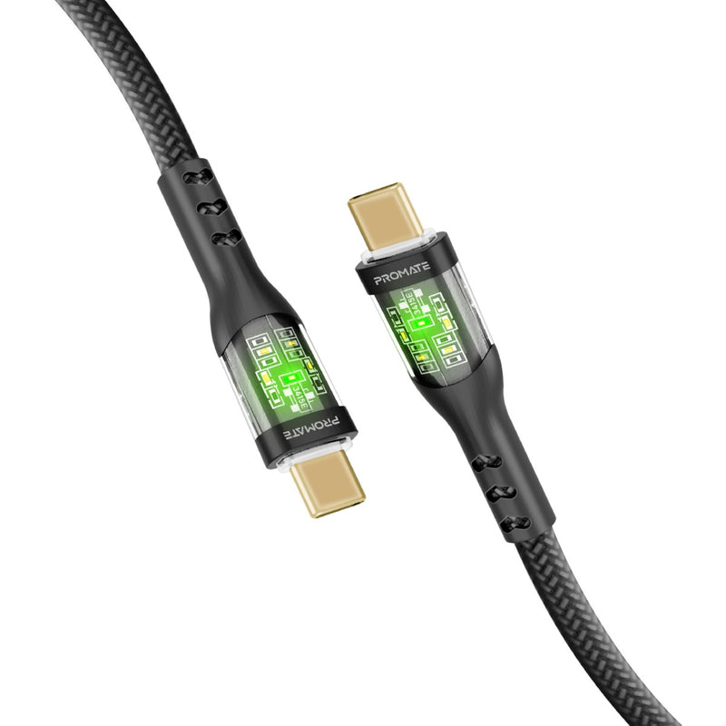 Promate 60W Power Delivery Ultra-Fast USB-C Cable with Transparent Shells,BLACK