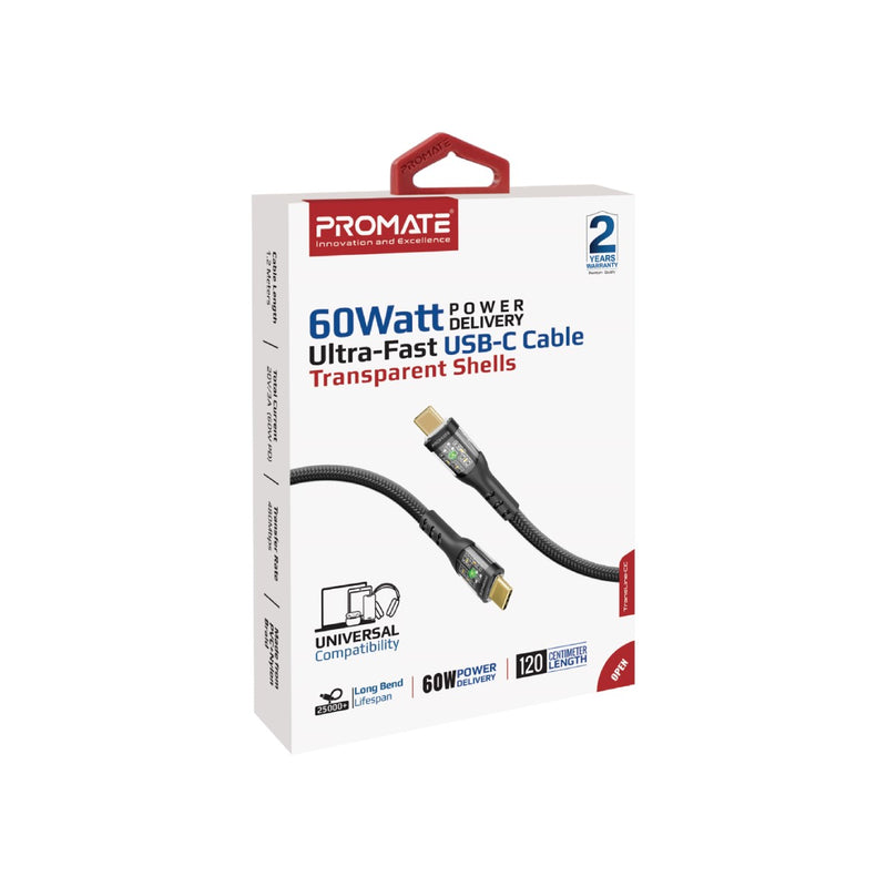 Promate -TransLine-CC,60W Power Delivery Ultra-Fast USB-C Cable with Transparent Shells,black