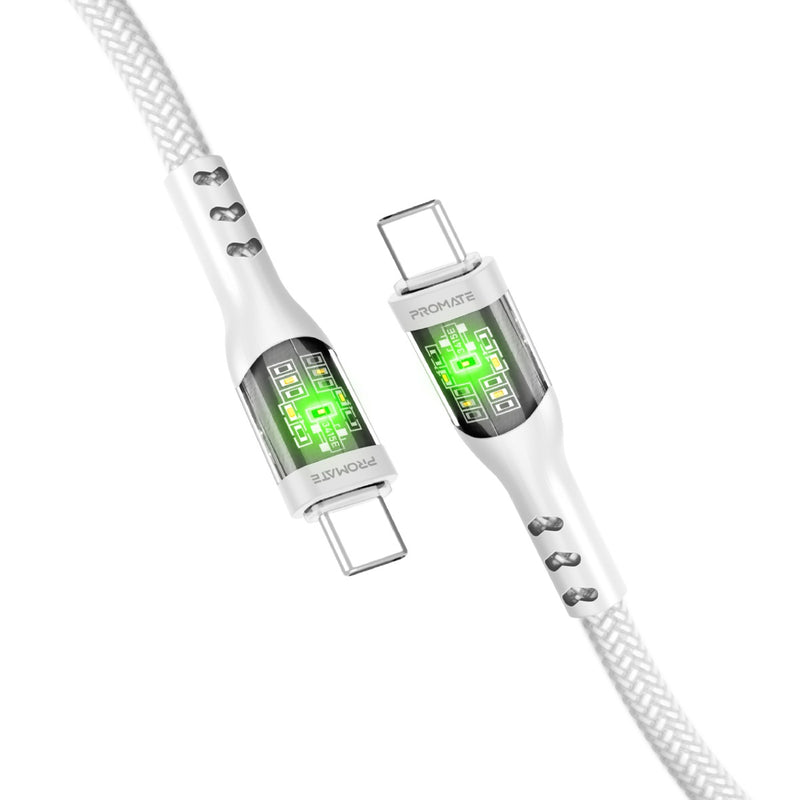 Promate -TransLine-CC ,60W Power Delivery Ultra-Fast USB-C Cable with Transparent Shells,WHITE