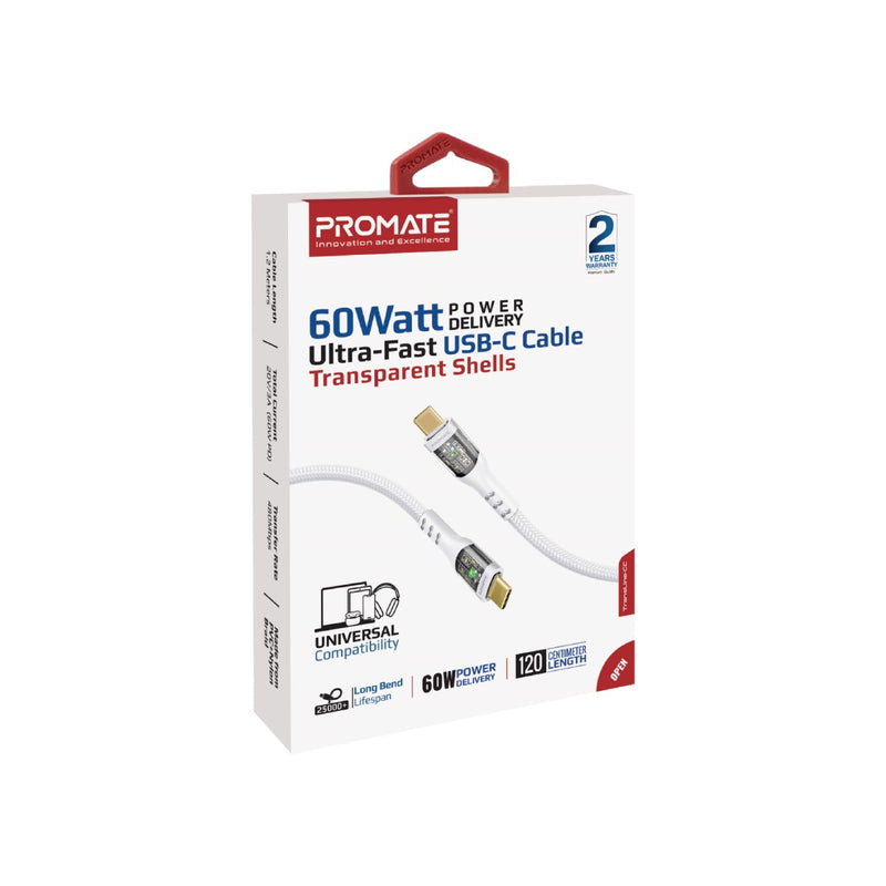 Promate -TransLine-CC ,60W Power Delivery Ultra-Fast USB-C Cable with Transparent Shells,WHITE