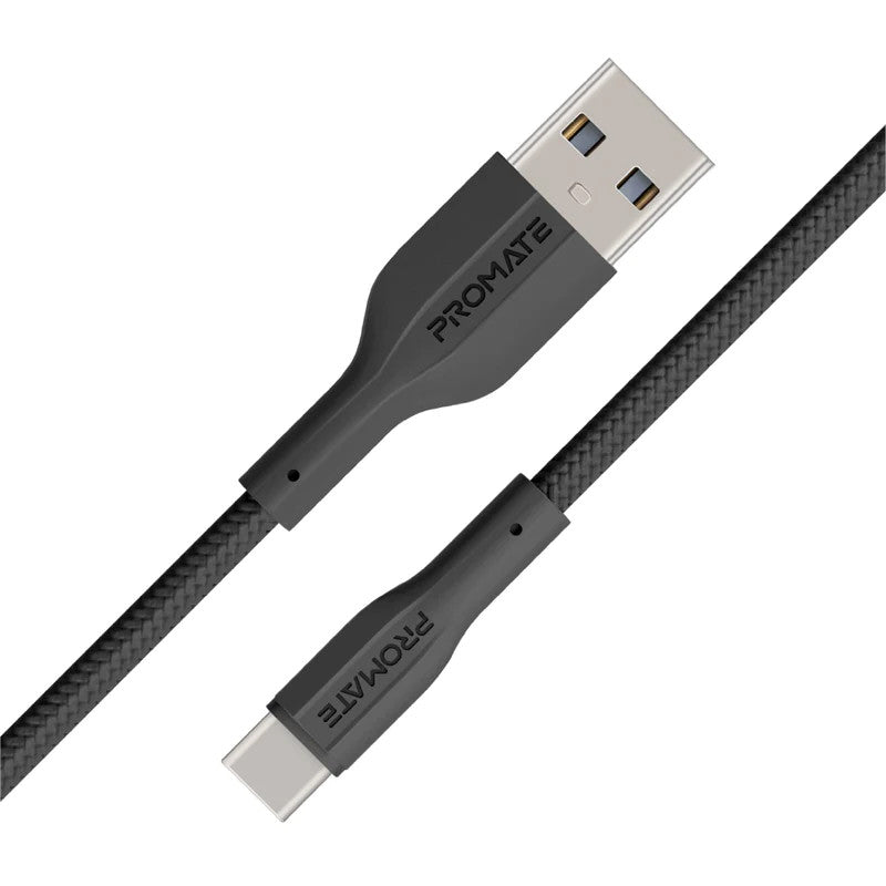 Promate Super-Flexible USB-A to USB-C Cable, 2A Standard Charging,BLACK