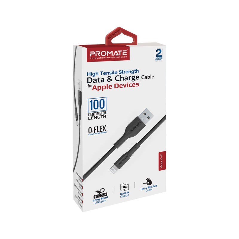 Promate -xCord-Ai,High Tensile Strength Data & Charge Cable for Apple Devices,BLACK