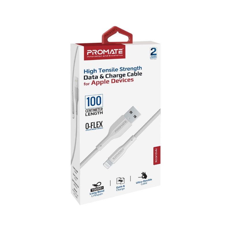 Promate -xCord-Ai,High Tensile Strength Data & Charge Cable for Apple Devices,WHITE