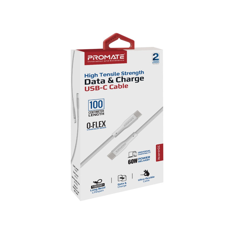 Promate - xCord-CC,High Tensile Strength Data & Charge USB-C Cable,WHITE
