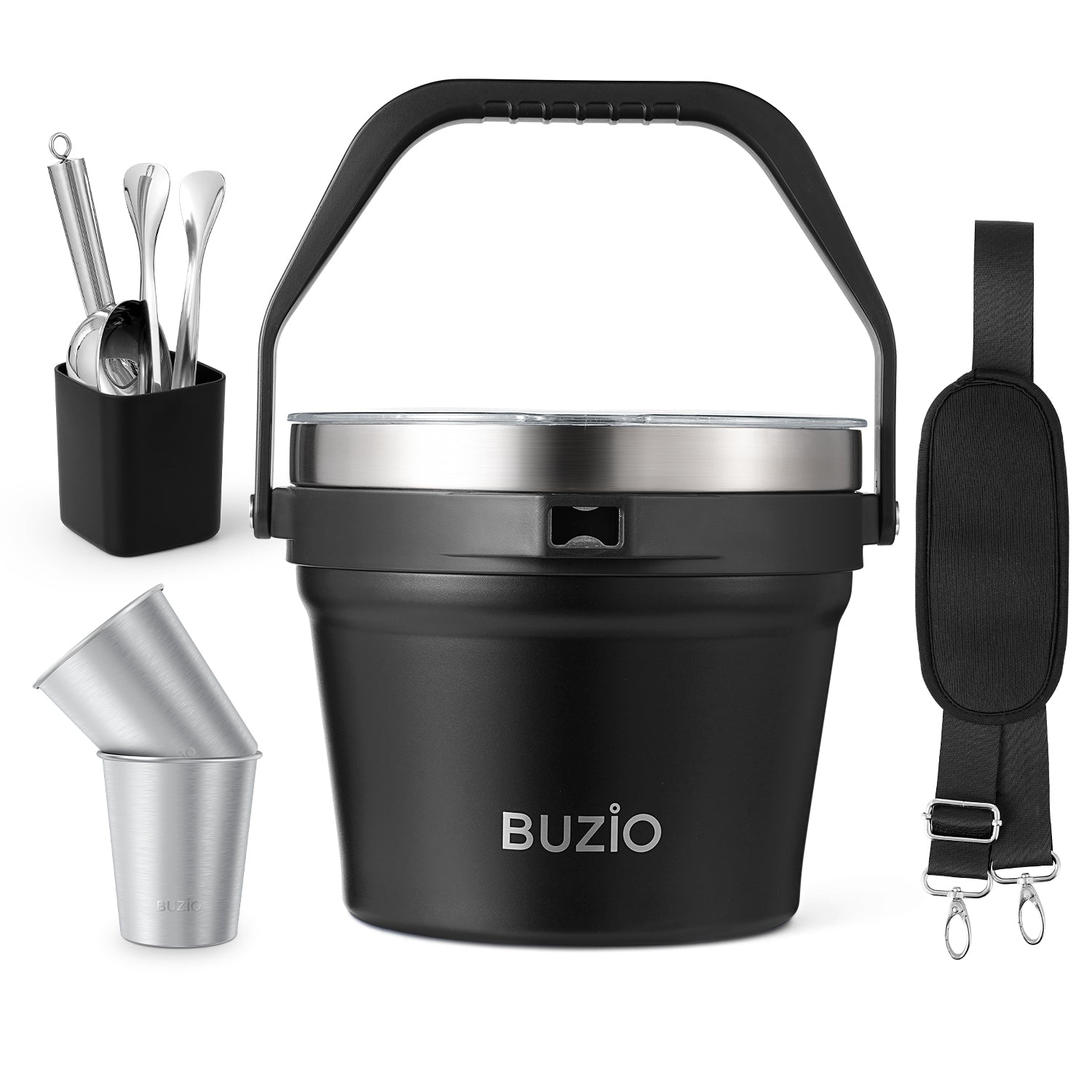Buzio Insulated Ice Bucket 7L with Lid Scoop Tongs and 2 Cups - Black
