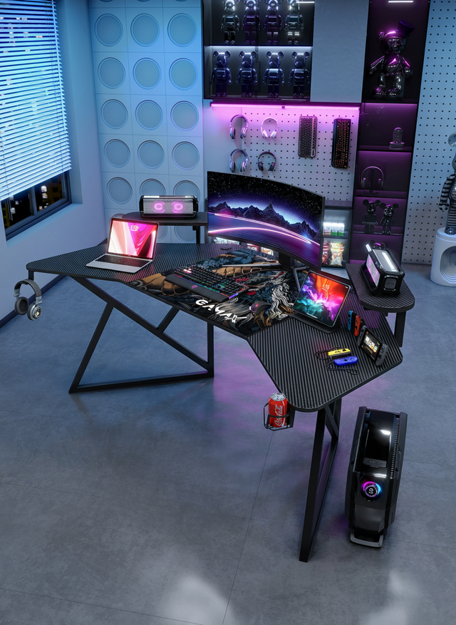 Gamax D2204B Curved Carbon fiber Gaming Table 180*70*74 cm with Multi Level Shelves & Mousepad - Black