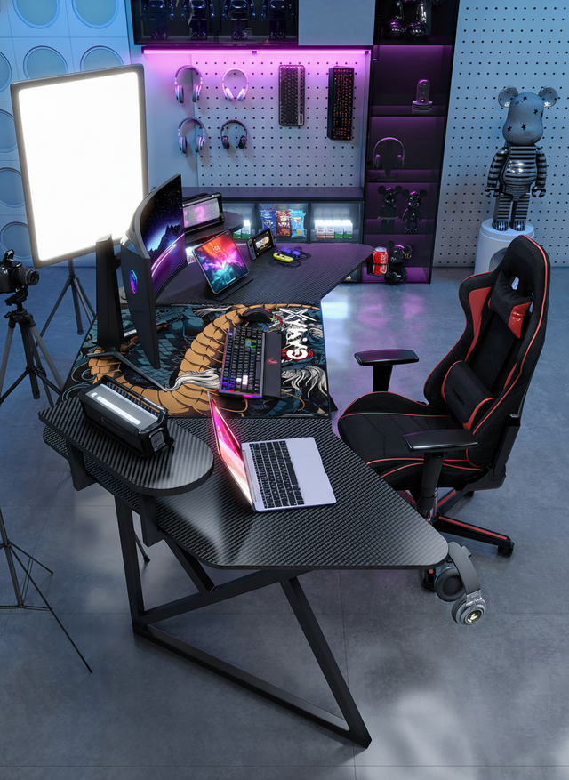 Gamax D2204B Curved Carbon fiber Gaming Table 180*70*74 cm with Multi Level Shelves & Mousepad - Black