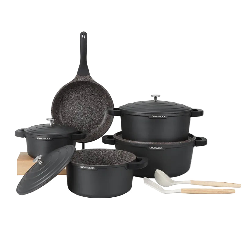 Daewoo AS Series Granite Cooking Set of 11 Pcs (32,28,24 cm Pot, 26 cm Pan, 20 cm Casserole) with 8 Pcs Silicone Pot Handle & Cooking Utensils x2