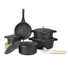 Daewoo AS Series Granite Cooking Set of 11 Pcs (32,28,24 cm Pot, 26 cm Pan, 20 cm Casserole) with 8 Pcs Silicone Pot Handle & Cooking Utensils x2