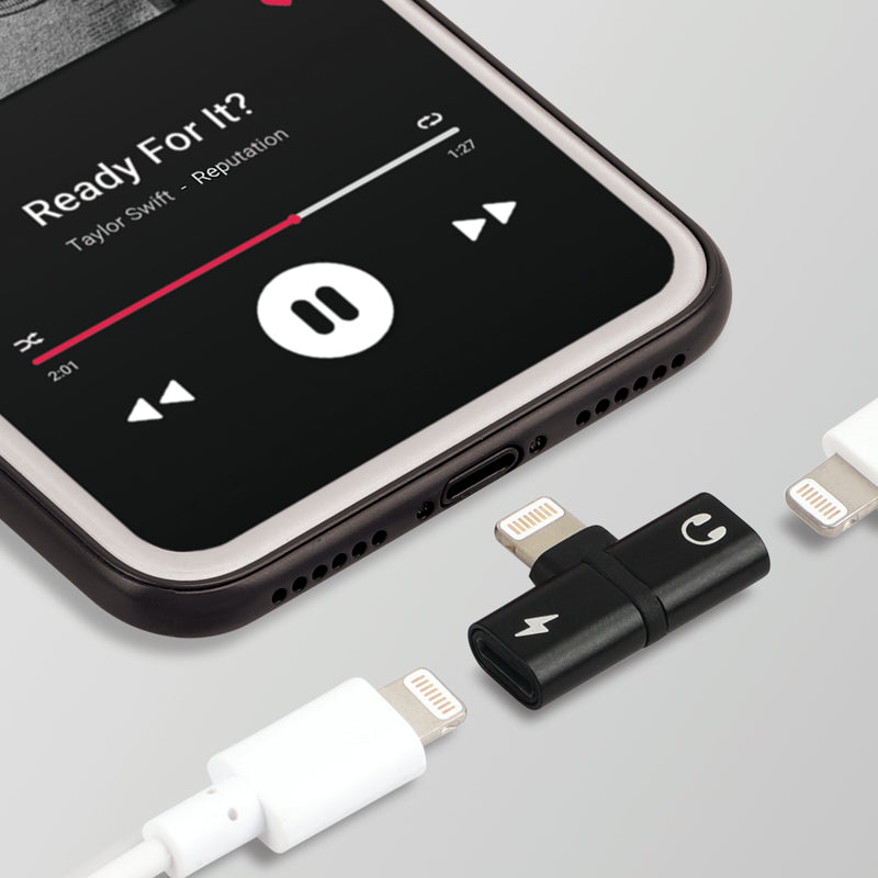 Promate - iHinge-LT,2-in-1 Audio & Charging Adaptor with Lightning Connector,Black