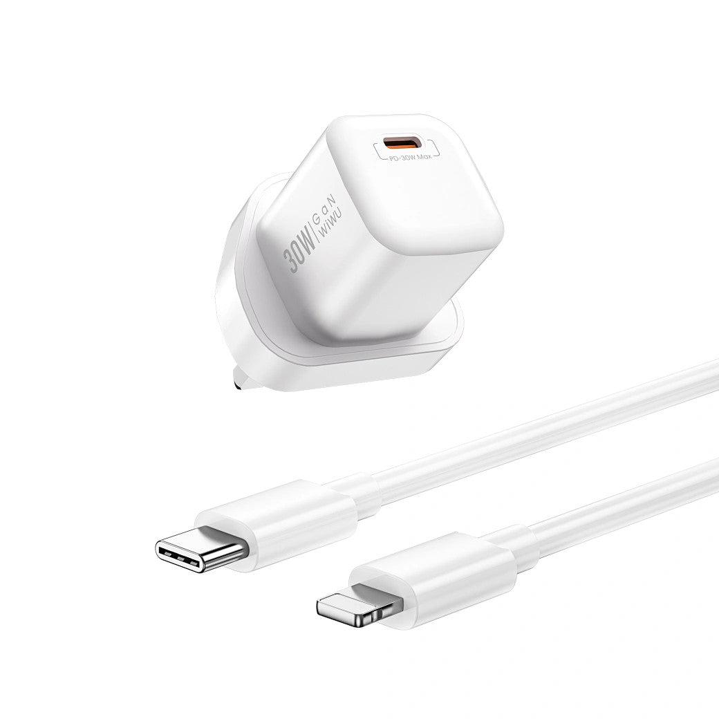 WIWU Wi-U006 C-L30W PD fast Charger/ UK Plug +USB C to Lightning White