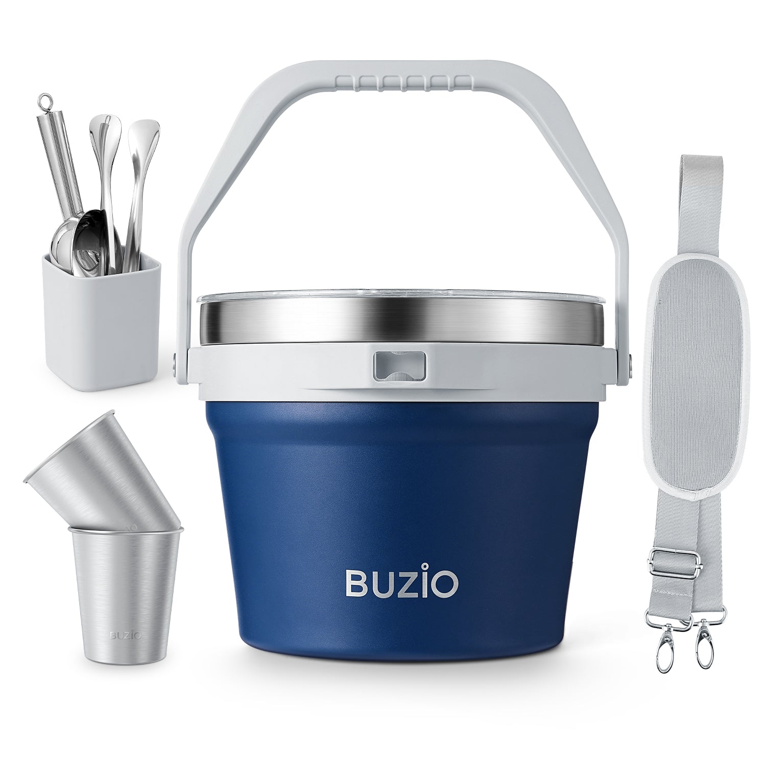 Buzio Insulated Ice Bucket 7L with Lid Scoop Tongs and 2 Cups - Blue
