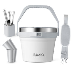 Buzio Insulated Ice Bucket 7L with Lid Scoop Tongs and 2 Cups - White