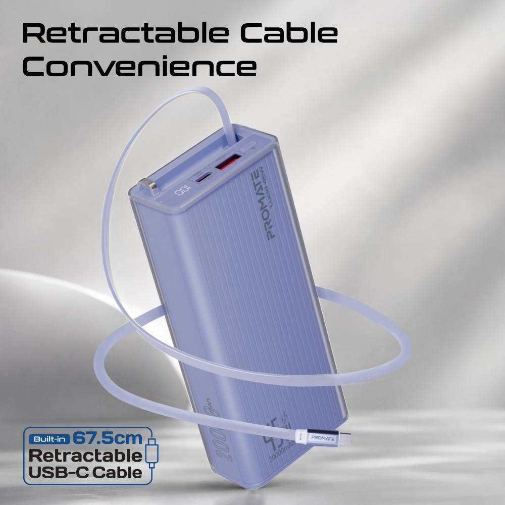 PROMATE  Power through your day with this 20,000mAh power bank featuring 45W fast charging,purple