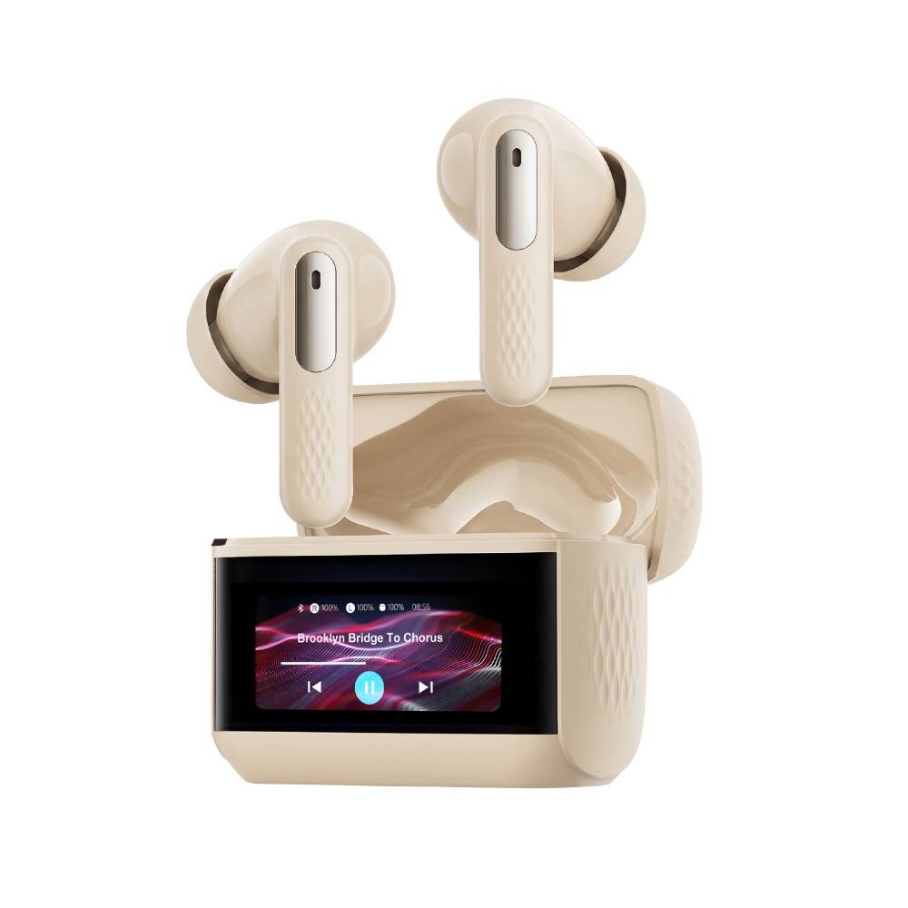 Promate Arix ANC True Wireless Earbuds with Smart Touch Display, 1.47" TFT IPS Screen, Quad-Mic ENC,Beige