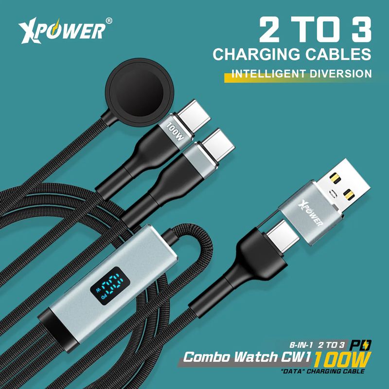 XPower Combo Watch CW1 6-in-1 digital display 2 to 3 100W Aluminum alloy charging cable (1.2M) Black-4895246613833