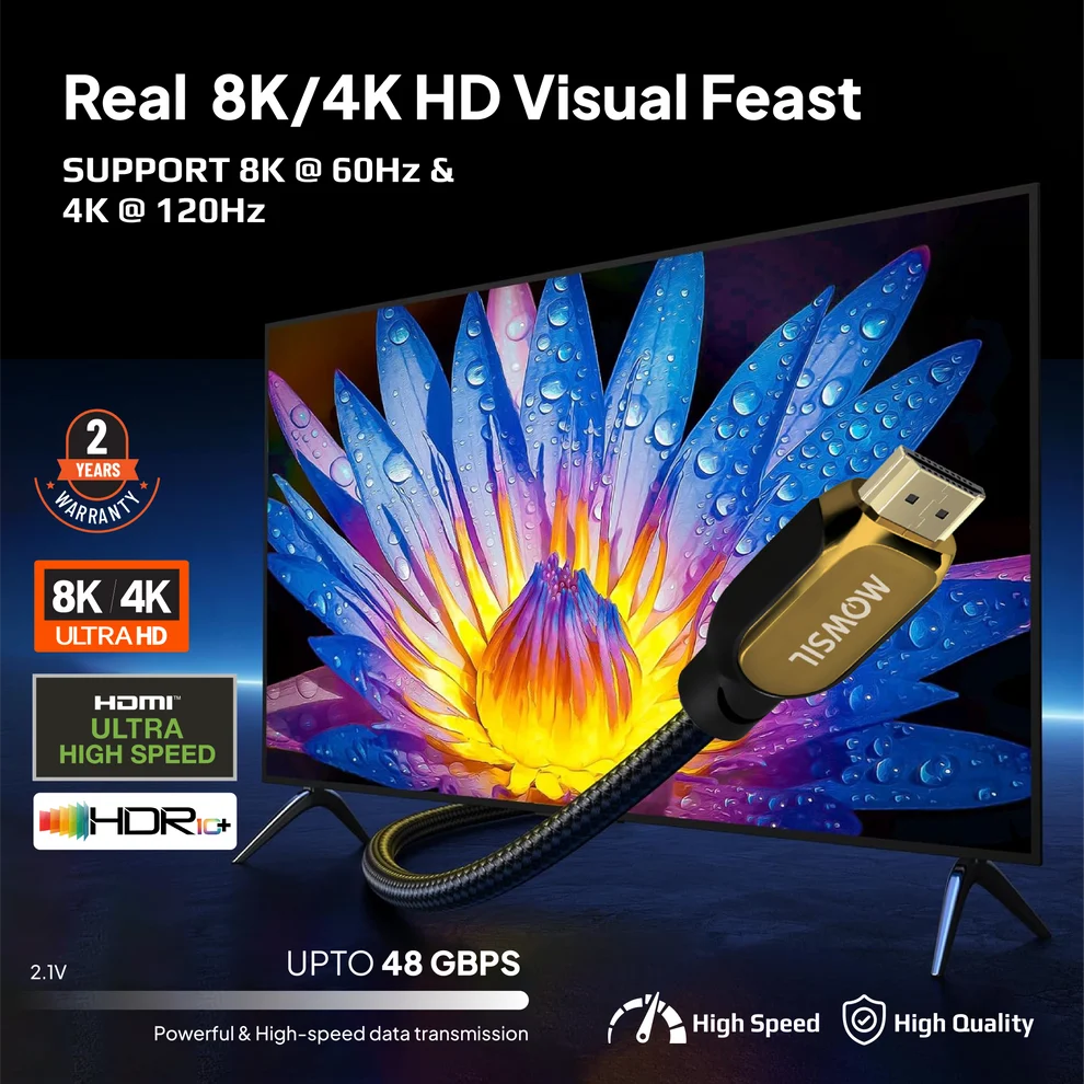 Mowsil HDMI Certified 8K 60Hz 2.1 Cable 2Mtr,Black