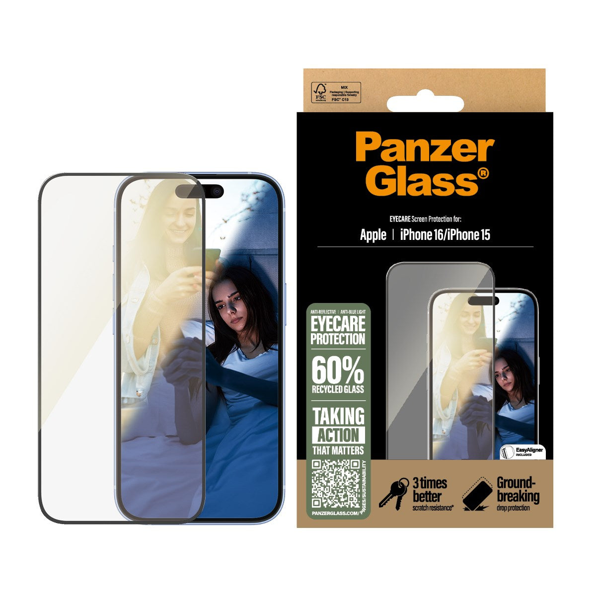 PanzerGlass® EyeCare Screen Protector Anti-Reflective & Bluelight iPhone 16 Plus | Ultra-Wide Fit