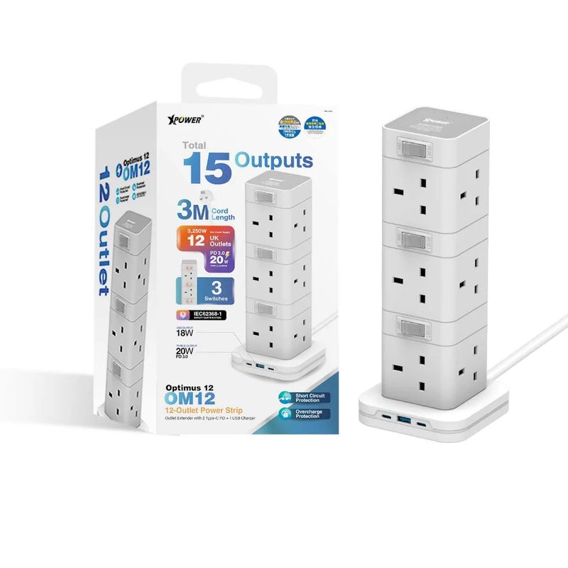 XPower Optimus 12 OM12 15-output switch power strip 12 Outlet PD3.0 Output (3M) White-4895246613314