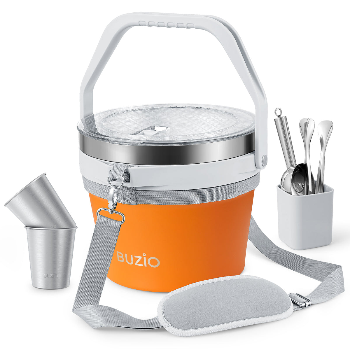 Buzio Insulated Ice Bucket 7L with Lid Scoop Tongs and 2 Cups - Orange