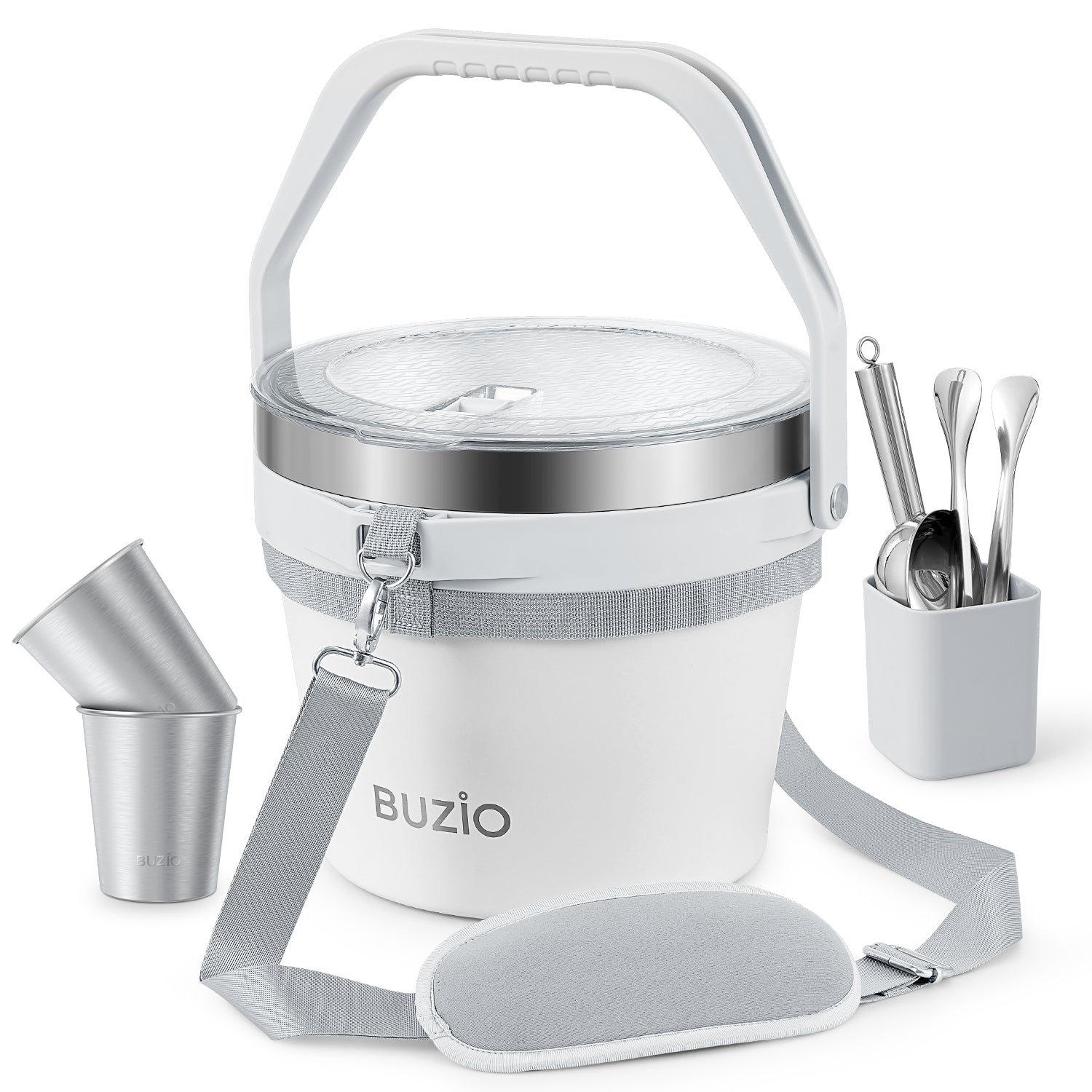 Buzio Insulated Ice Bucket 7L with Lid Scoop Tongs and 2 Cups - White
