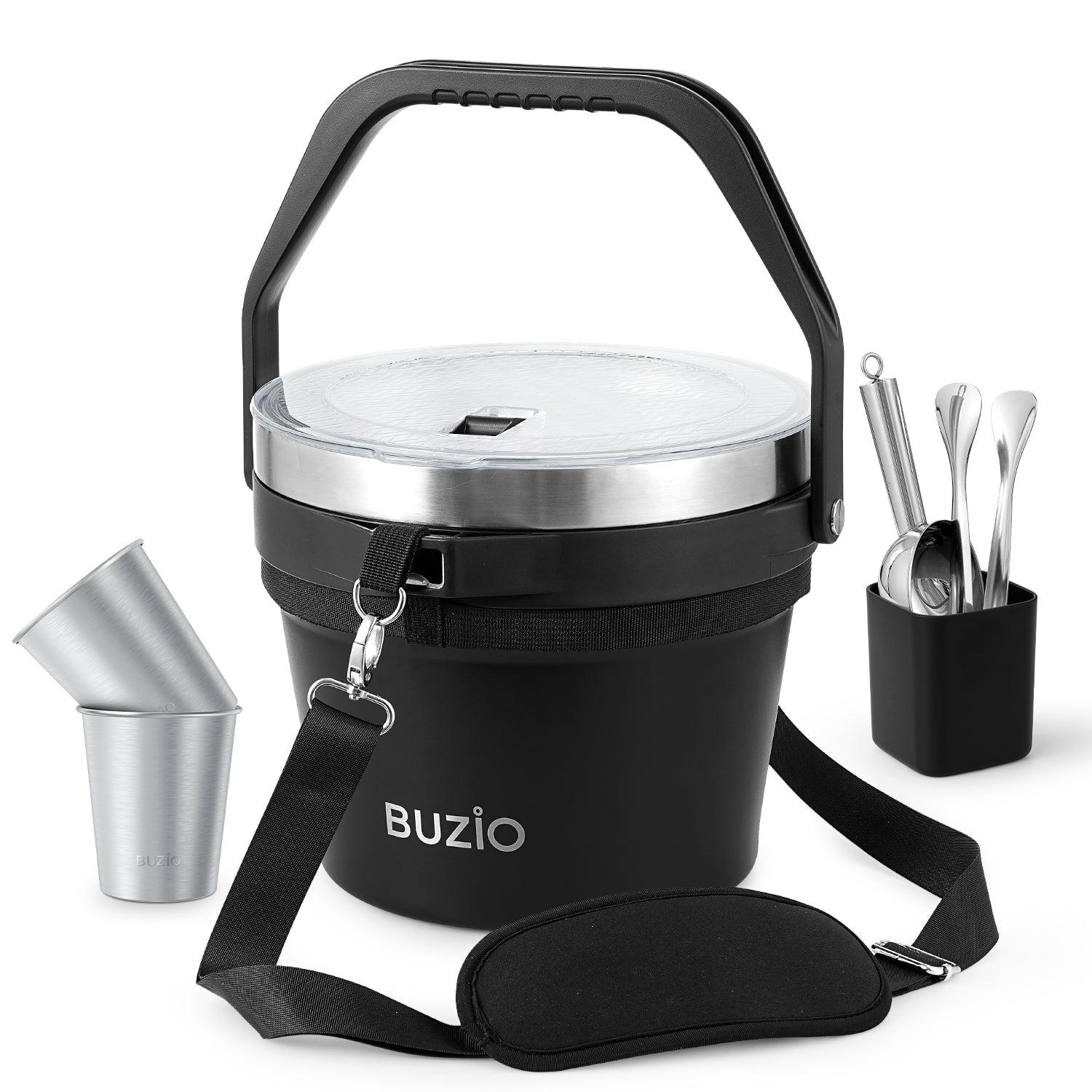 Buzio Insulated Ice Bucket 7L with Lid Scoop Tongs and 2 Cups - Black