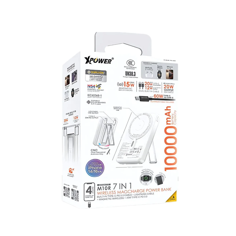 XPower M10R 7 in 1 10000mAh PD 3.0 Built-in Type-C PD/Lightning Cable + Wireless Charging + Power Bank with Stand - White