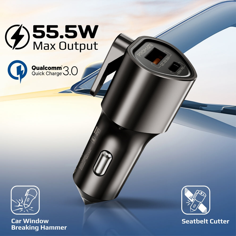 PROMATE Promate VoltGuard 55.5W Fast Car Charger with USB-C PD 33W, USB-A 22.5W Fast Charging,BLACK