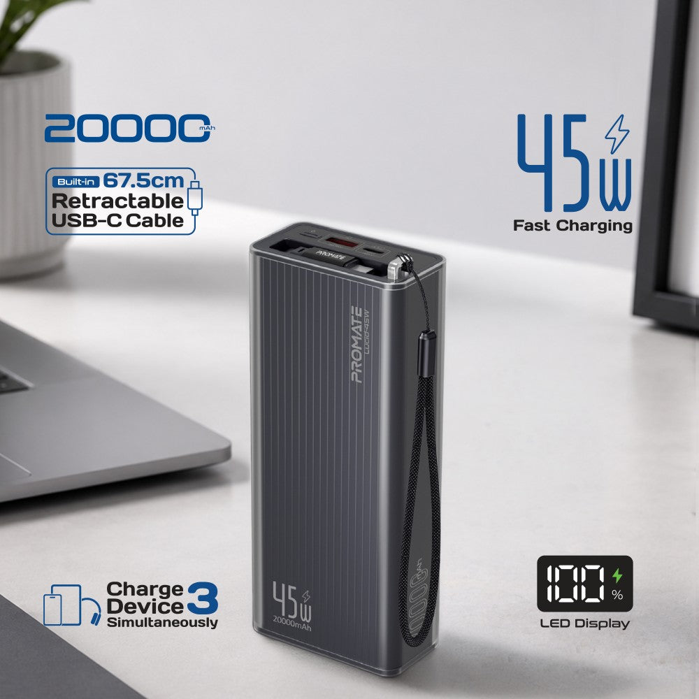 PROMATE  Power through your day with this 20,000mAh power bank featuring 45W fast charging,Black