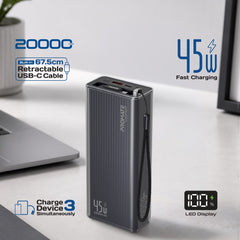 PROMATE  Power through your day with this 20,000mAh power bank featuring 45W fast charging,Black