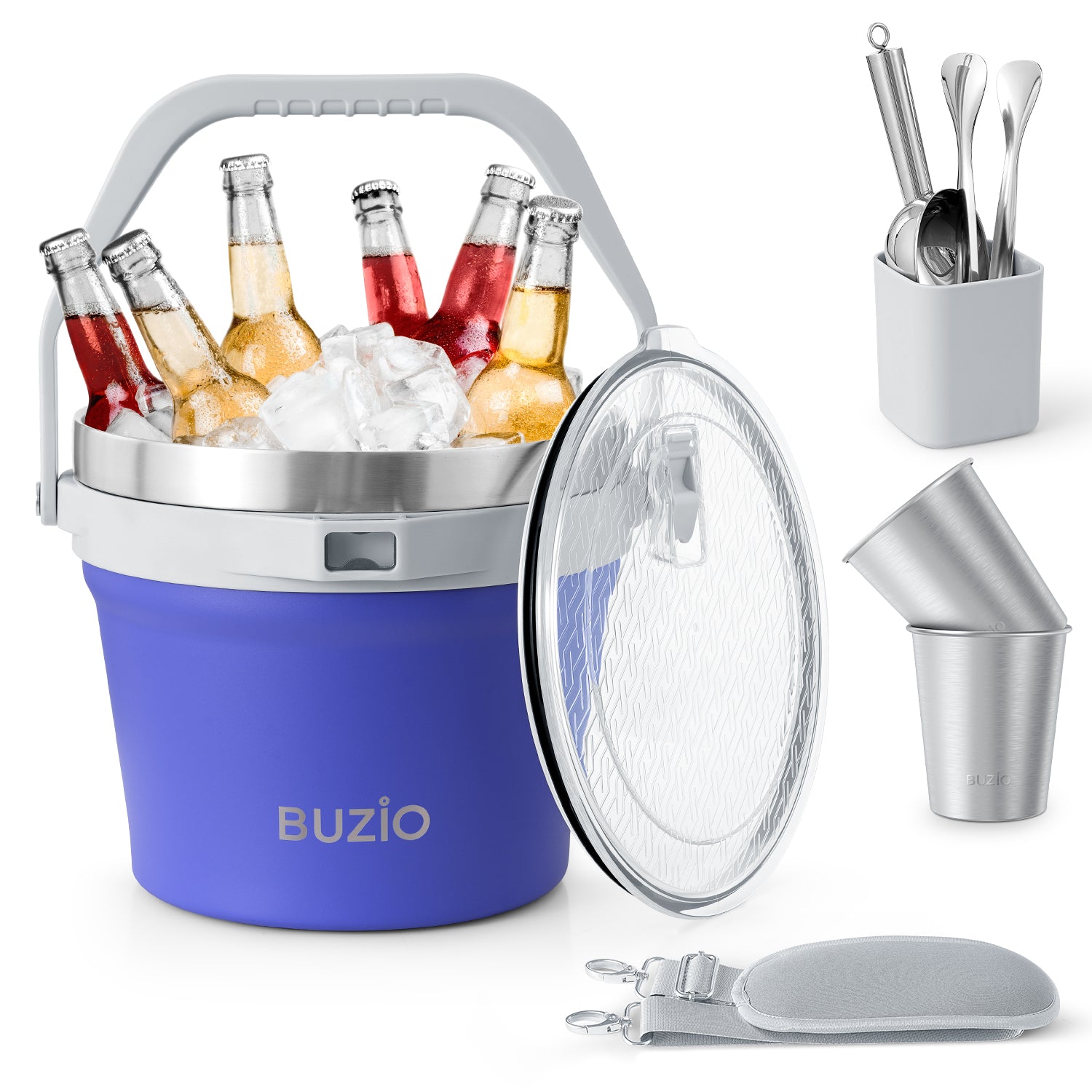 Buzio Insulated Ice Bucket 7L with Lid Scoop Tongs and 2 Cups - Purple