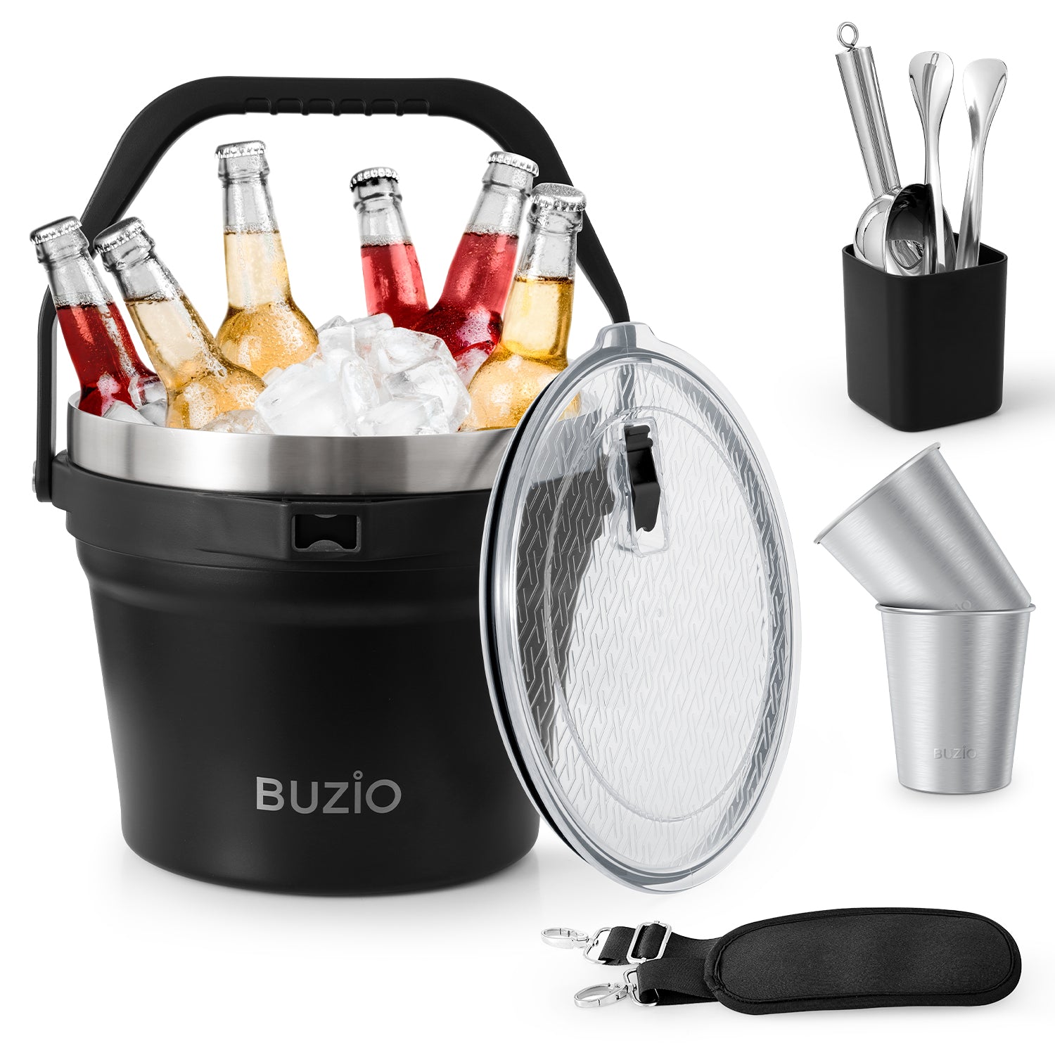 Buzio Insulated Ice Bucket 7L with Lid Scoop Tongs and 2 Cups - Black