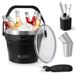Buzio Insulated Ice Bucket 7L with Lid Scoop Tongs and 2 Cups - Black