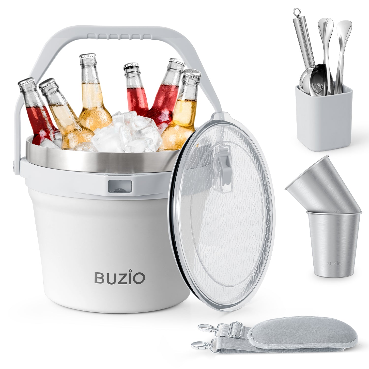 Buzio Insulated Ice Bucket 7L with Lid Scoop Tongs and 2 Cups - White