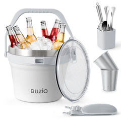 Buzio Insulated Ice Bucket 7L with Lid Scoop Tongs and 2 Cups - White