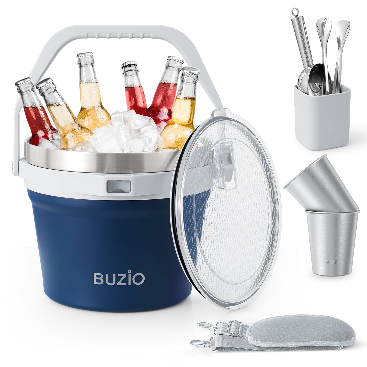 Buzio Insulated Ice Bucket 7L with Lid Scoop Tongs and 2 Cups - Blue