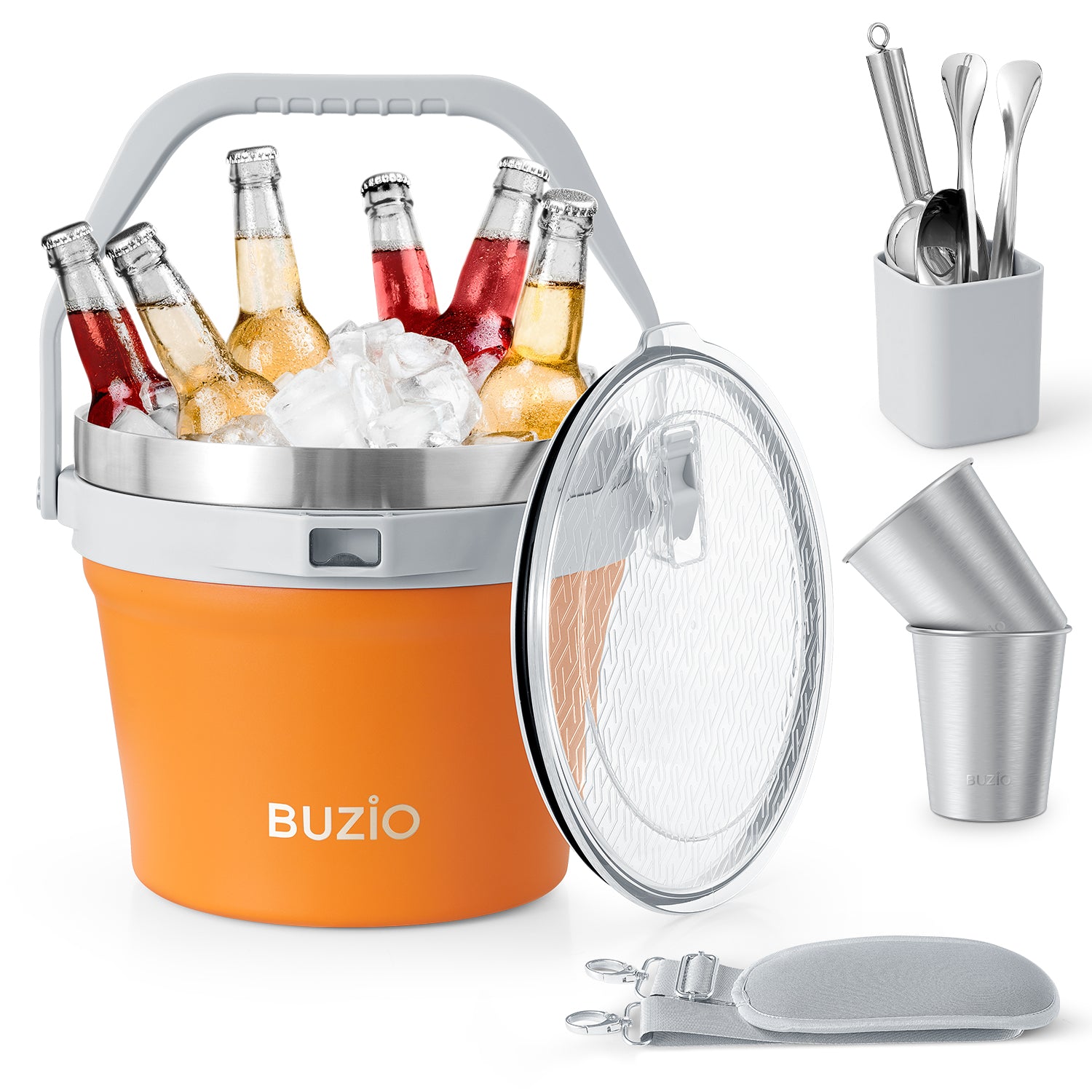 Buzio Insulated Ice Bucket 7L with Lid Scoop Tongs and 2 Cups - Orange