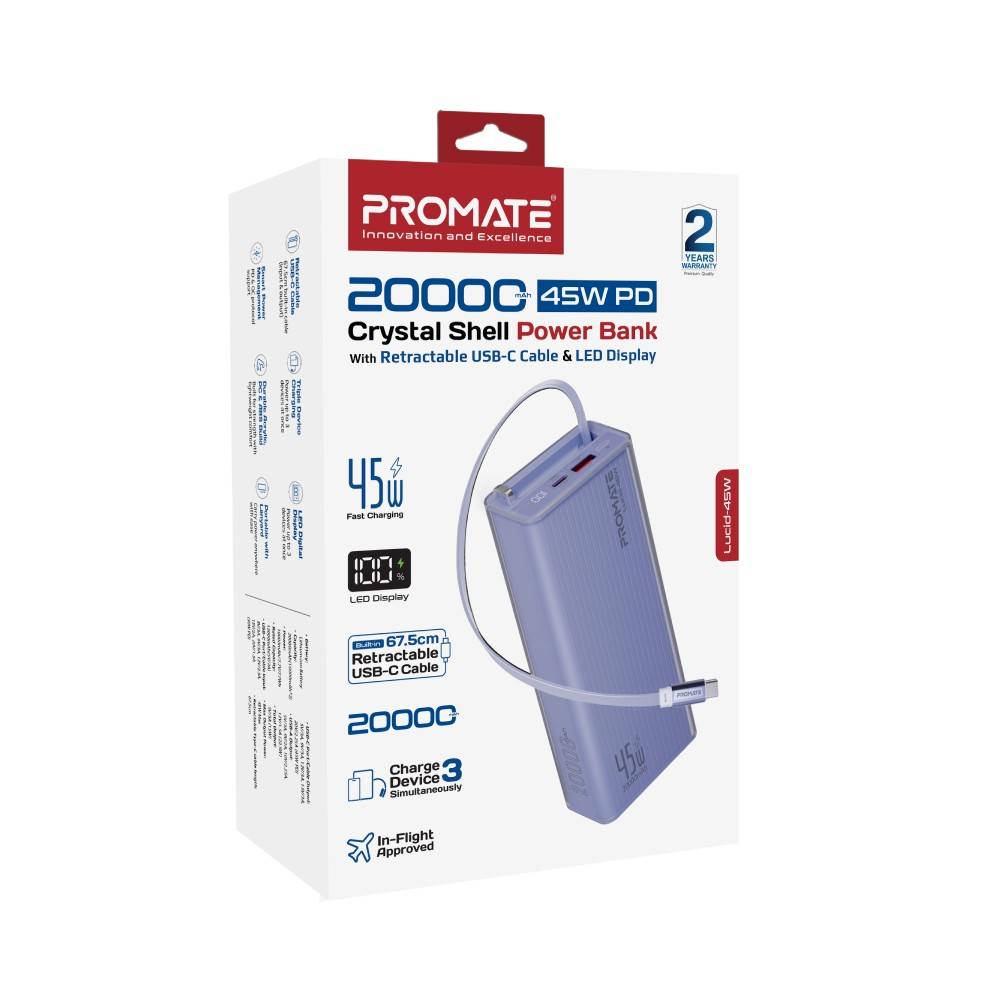 PROMATE  Power through your day with this 20,000mAh power bank featuring 45W fast charging,purple