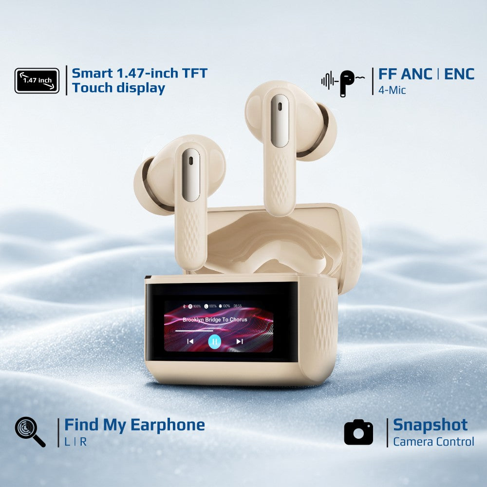 Promate Arix ANC True Wireless Earbuds with Smart Touch Display, 1.47" TFT IPS Screen, Quad-Mic ENC,Blue