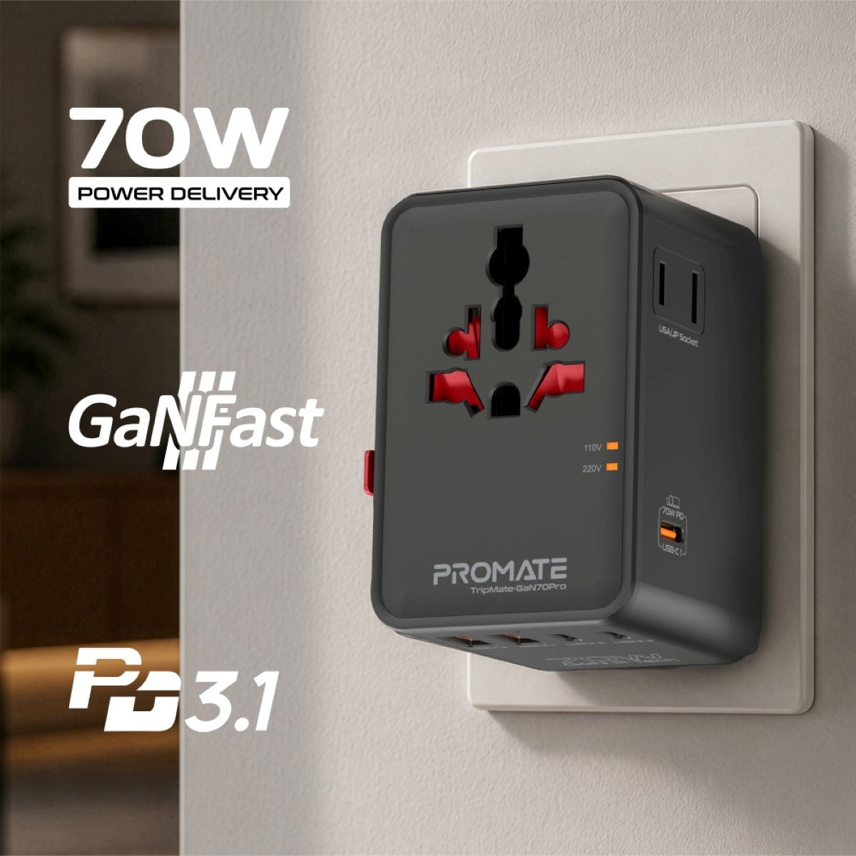 Promate TripMate-GaN70Pro 70W Universal Travel Adapter with GaN Fast Charging, 3 USB-C Ports, 2 USB-A Ports