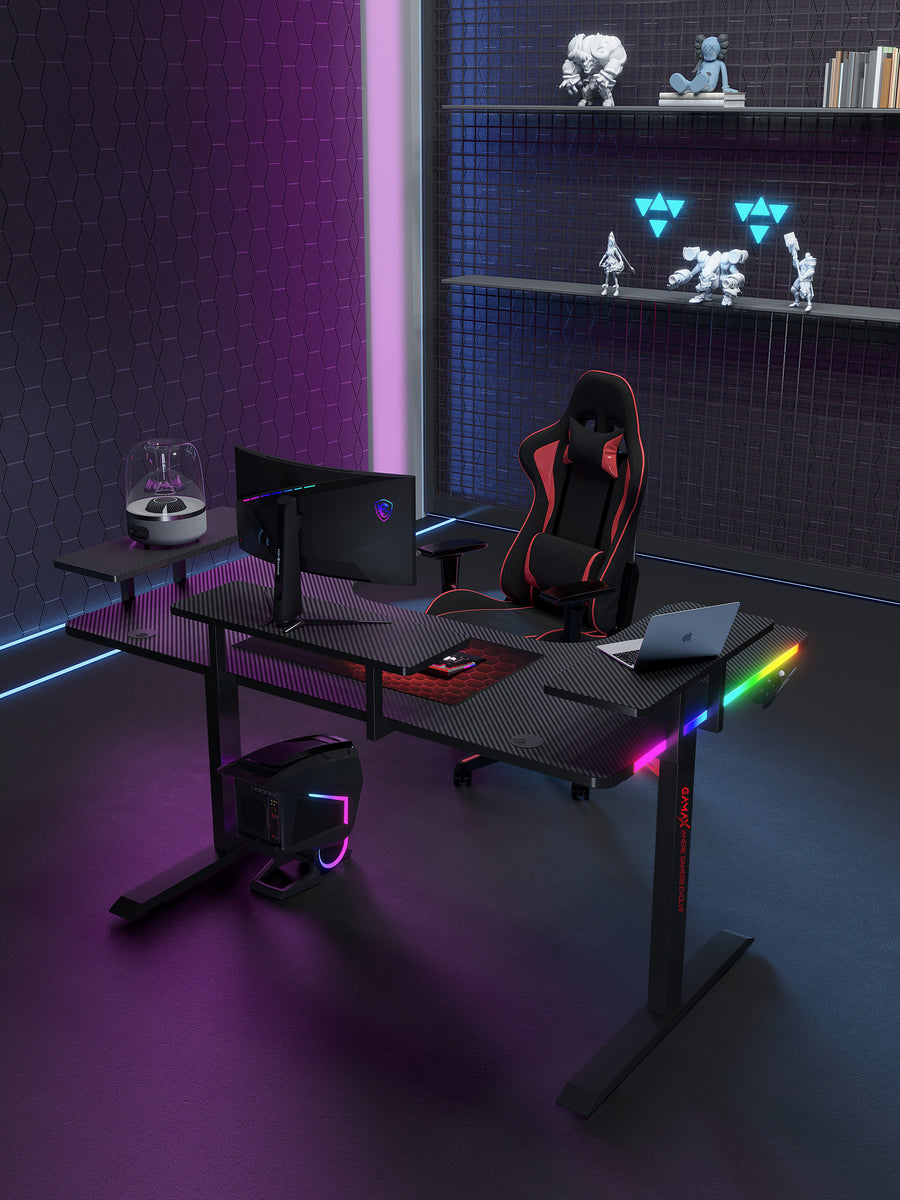 Gamax P203 RGB Carbon Fiber Gaming Workstation Desk with Multi Level Shelves and mousepad 160*100*74 cm - Black