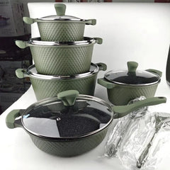 OSFE 12 PCS Aluminum Nonstick Granite Cookware Set (32, 28, 24, 20 cm Pots, 28 cm Pan with 2 Pcs of Utensil Tools) - Green