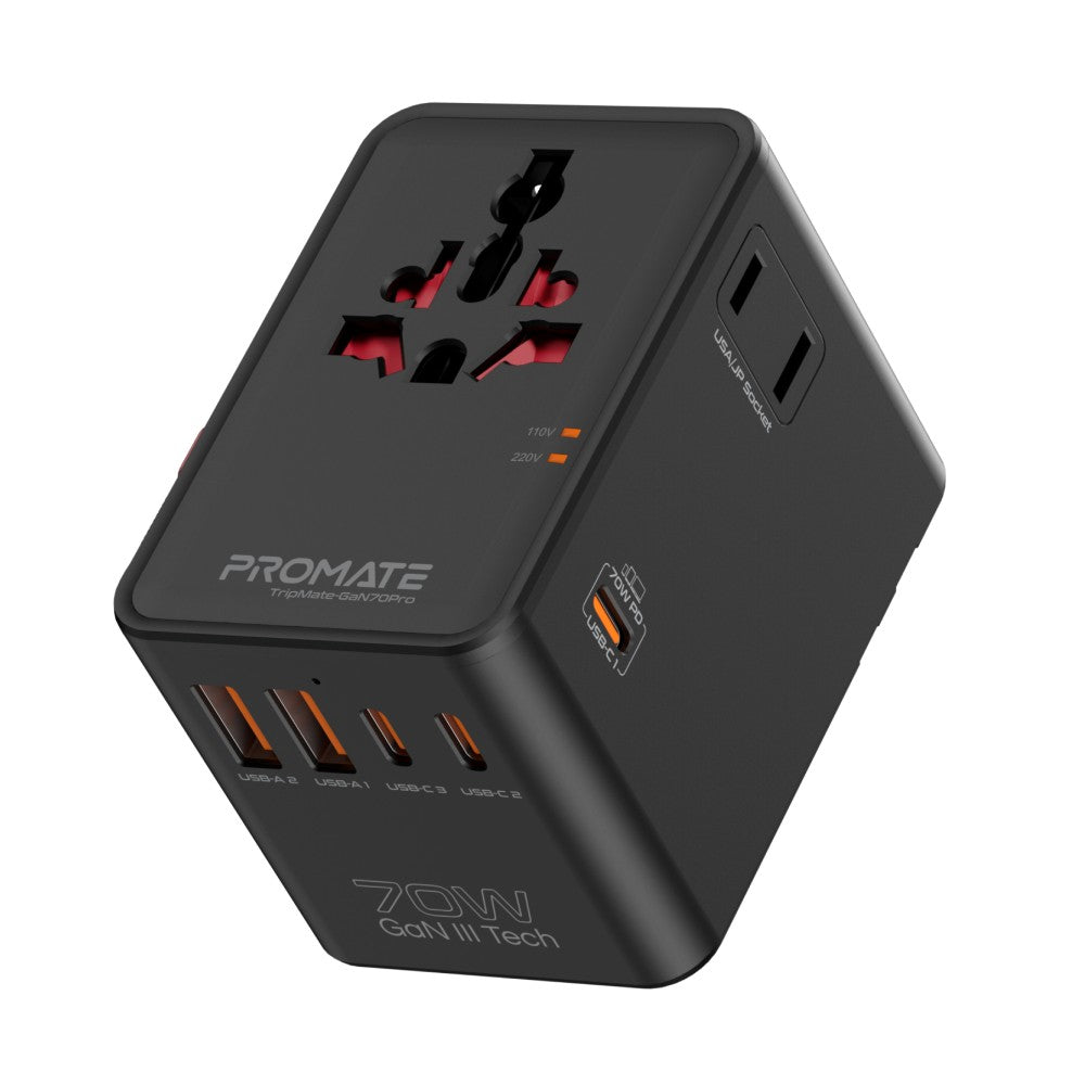 Promate TripMate-GaN70Pro 70W Universal Travel Adapter with GaN Fast Charging, 3 USB-C Ports, 2 USB-A Ports