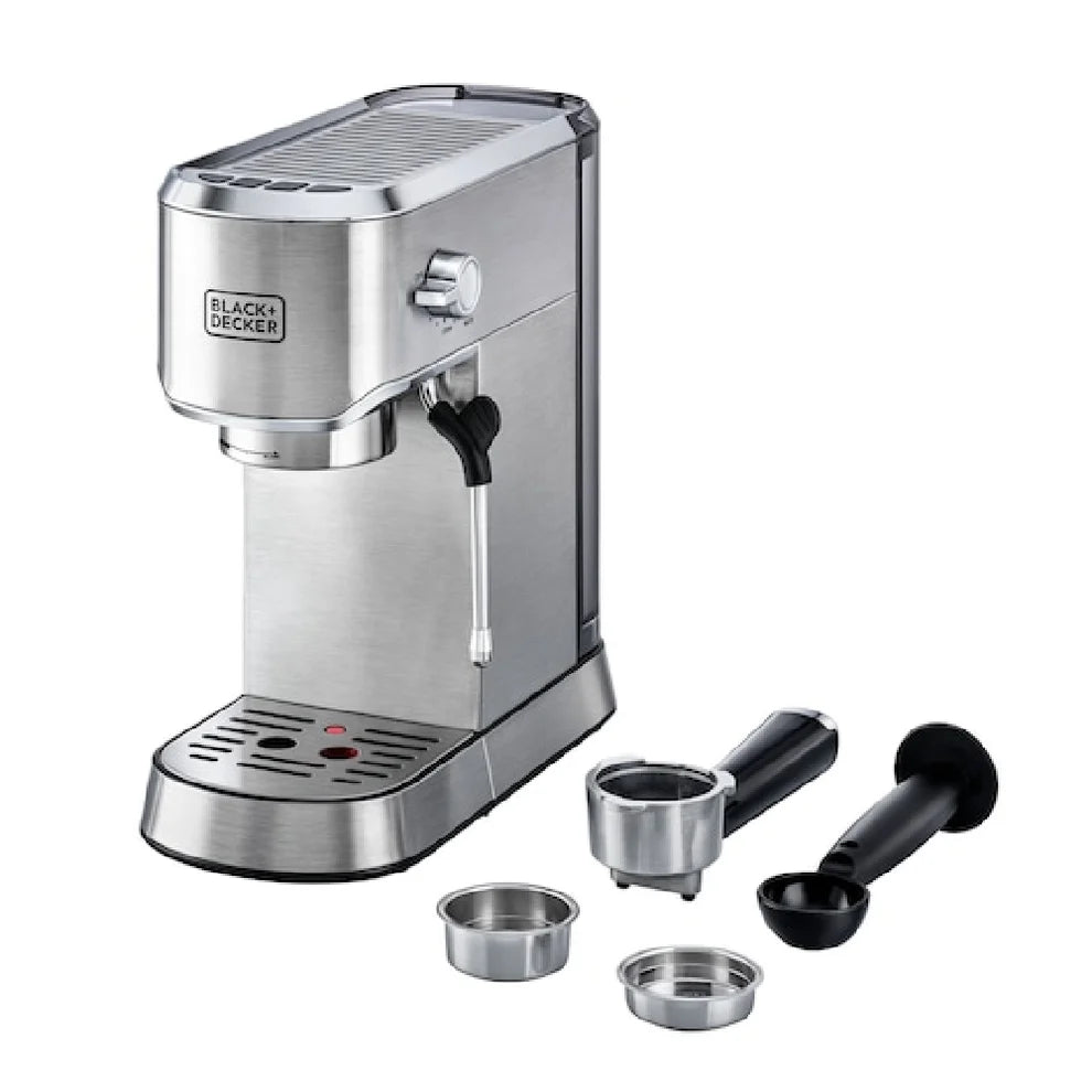 Black & Decker Manual Barista Pump Espresso Coffee Machine, Cappuccino, Latte Macchiato, Milk Frother, 1450W, Silver  - ECM150-B5