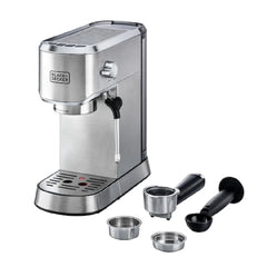 Black & Decker Manual Barista Pump Espresso Coffee Machine, Cappuccino, Latte Macchiato, Milk Frother, 1450W, Silver  - ECM150-B5