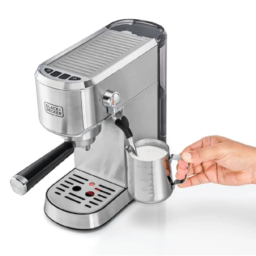 Black & Decker Manual Barista Pump Espresso Coffee Machine, Cappuccino, Latte Macchiato, Milk Frother, 1450W, Silver  - ECM150-B5