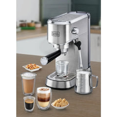 Black & Decker Manual Barista Pump Espresso Coffee Machine, Cappuccino, Latte Macchiato, Milk Frother, 1450W, Silver  - ECM150-B5