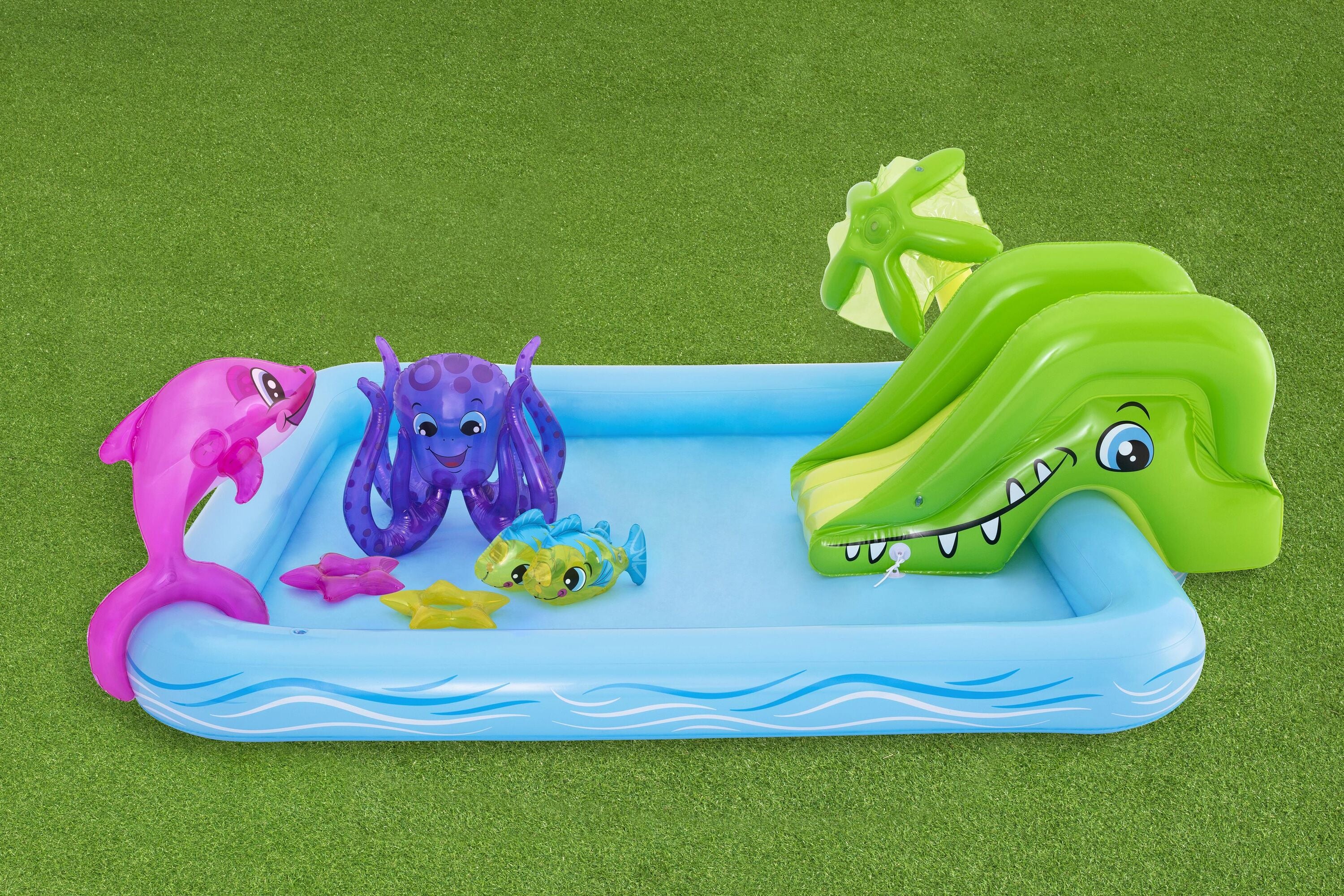 Bestway 5.65M X 3.73M X 2.65M Tidal Tower Mega Water Park (Contents:1 slide, 1 blower(stakes included), 1 repair kit (multiple assorted patches), 1 storage bag,13 bouncer stakes, 1 waters spraying hose,) Age 5+