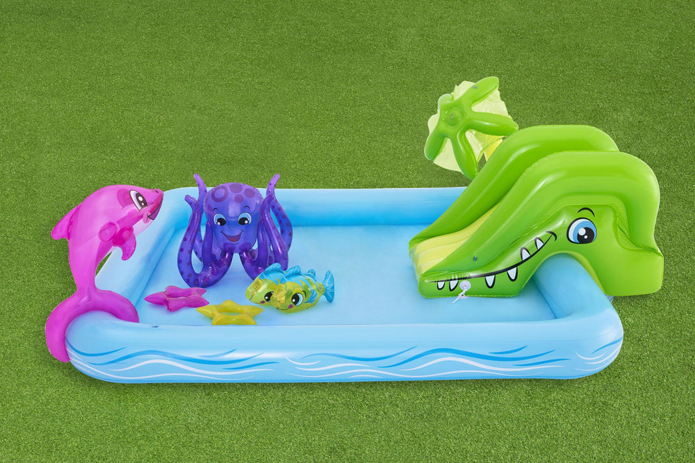 Bestway 5.65M X 3.73M X 2.65M Tidal Tower Mega Water Park (Contents:1 slide, 1 blower(stakes included), 1 repair kit (multiple assorted patches), 1 storage bag,13 bouncer stakes, 1 waters spraying hose,) Age 5+