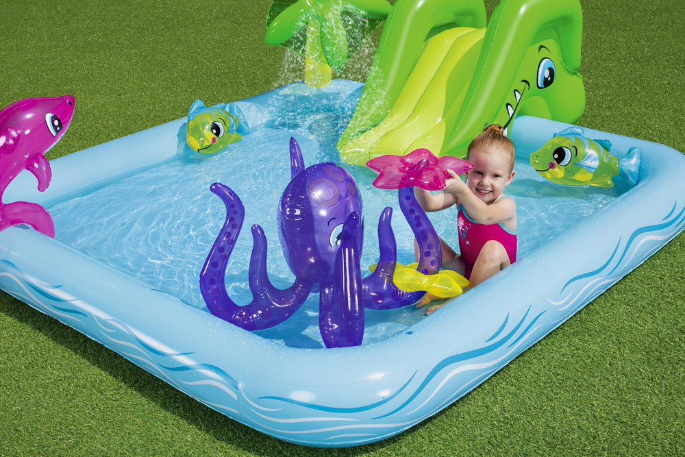 Bestway 2.39M X 2.06M X 86CM Fantastic Aquarium Play Center (Contents:One pool, one slide, one dolphin, two clown fish, one octopus, two rings, repair patch) Age 2+